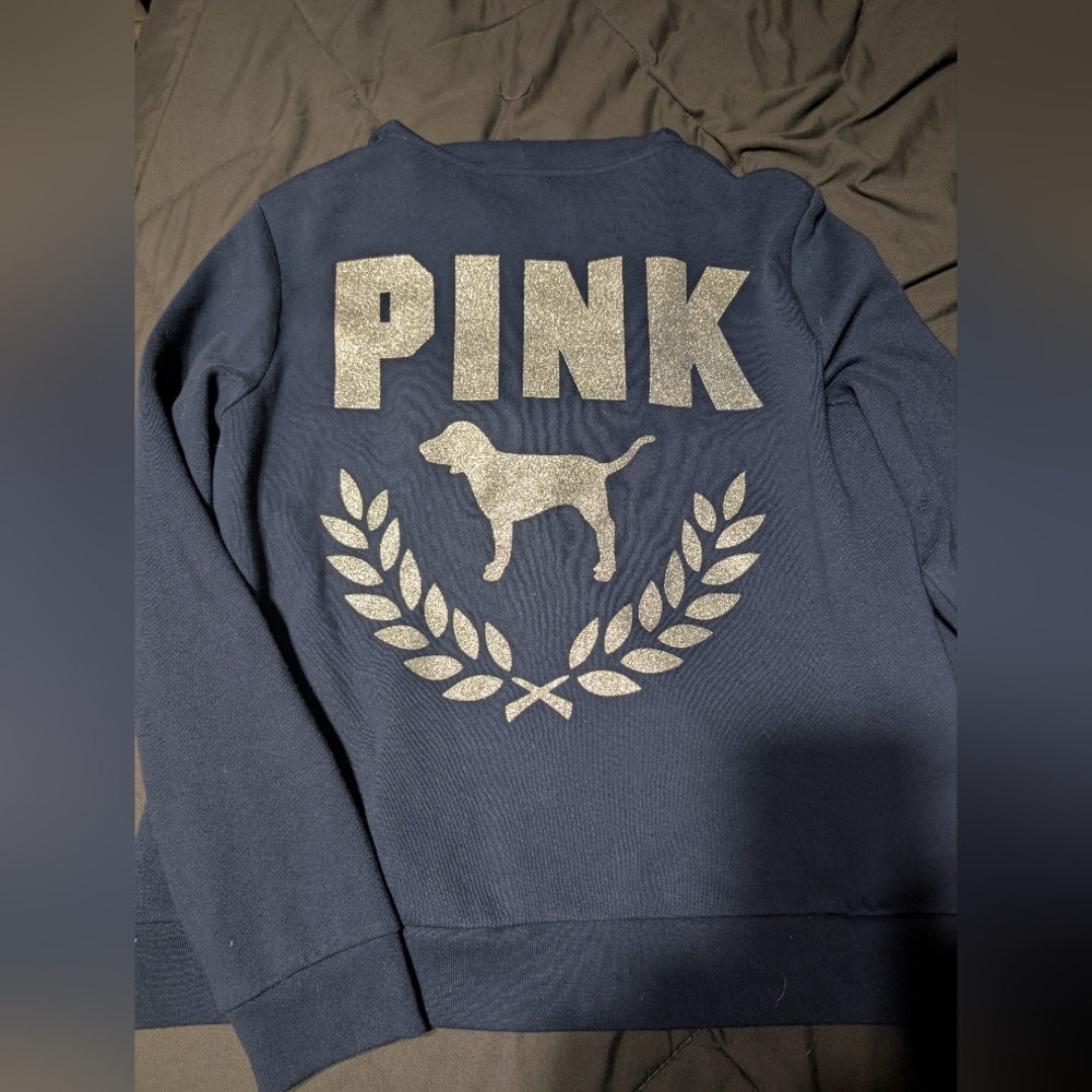 PINK Victoria's Secret Blue and Silver Hoodie Sweatshirt